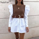 Joskaa hoco dresses Christmas Gift Nadafair Puff Sleeve Sexy Mini Dress Women Casual Party Rib Shirt Patchwork 2024 Spring Long Sleeve Wrap A-Line Woman Dress