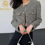 Joskaa 2024 Autumn Winter Women Tweed Jacket Vintage Button Up Long Sleeve O-Neck Pocket Designer Brand Elegant Lady Coat Tops Clothing