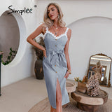 Joskaa Elegant High waist Vneck Spaghetti Strap Dress Summer Lace Straight Women Dress 2024 Solid Lace-up Button Bodycon Dress