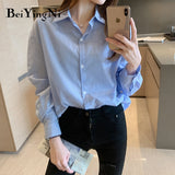 Joskaa Christmas Gift Beiyingni Women's Shirt Long Sleeve Oversized Blouses Casual Striped Cotton Preppy Harajuku Blusas Female Tops Fashion Blue Chic