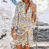 Joskaa-Summer V Neck Tassel Beach Dress Spring Vintage Floral Print 3/4 Sleeve Party Dress Women Casual Loose A-Line Dress Vestido