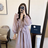 Joskaa Christmas Gift Long Puff Sleeve Dress Women V-neck Bow Purple Dresses Chiffon Spring Females Pleated French Sweet BF Korean Style Fashionable