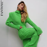 Joskaa Knitted Turtleneck Striped Women Sweater Two Piece Set Green Long Sleeve Casual Set Women Autumn Warm Slim Partywear Set