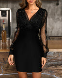 Joskaa Women Glitter Semi Sheer Mesh Bodycon Dress V-neck Long Sleeve Solid Black Elegant Spring Fall Party Mini Dress
