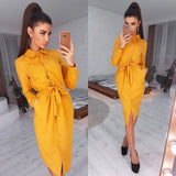 Joskaa Christmas Gift Fashion Long Sleeve Buttons Shirt Dress Women 2020 Autumn Casual Yellow Green Vintage Ladies Dresses Femme Robe