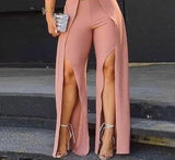 Joskaa Women Solid Long Slit Pants With Belt Sexy Casual Pants Fashion Pants