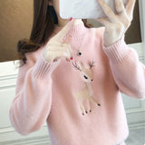 Joskaa Christmas Gift EBAIHUI Christmas Sweater Women Faux Mink Cashmere Half High Collar Pullover Fleece Winter Clothes Embroidery Deer Warm Jumper