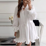 Joskaa hoco dresses Autumn Lantern Long Sleeve Dress Women Sexy Ruffle Neck Button Loose Mini Dress White Elegant Ladies A-Line Party Dress Vestidos