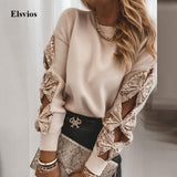 Sexy Hollow Out Bowknot Sequined Tops Shirt Women Casual O Neck Patchwork Loose Blouse Spring Autumn Long Sleeve Pullover Blusa