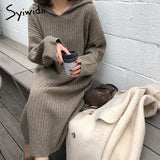 Back to College Joskaa Knitting Dresses for Women Fall Winter 2024 New Elegant Loose Long Sleeve A Line Hooded Sweater Midi Dress Black Gray