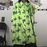 Joskaa Christmas Gift QWEEK Harajuku Blouse Women Oversized Streetwear Butterflies Print Shirt Hip Hop Korean 2024 Green Tops Aesthetic Design 5XL Y2K