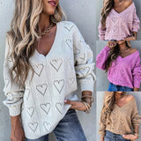 Joskaa Casual Solid Color Sweater Women Jumper Pullover Tops Fashion Lady Hollow Out Heart Shape V Neck Ribbed Knitted Sweaters S-2XL