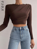 Joskaa O Neck 2024 Brown Crop Top Women Ruched 90s Y2K Basic Autumn Winter Casual Black Long Sleeve T Shirts Sexy Green