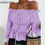 Joskaa Back to College Off Shoulder Lace-up Front Ruffles Casual  Blouse Plus Size Tops Spring Tops and Blouses