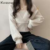 Joskaa Christmas Gift Kuzuwata 2024 New Design Fake Two Piece Women Pullovers Autumn Winter Solid Bottoming Sweaters Aesthetic Puff Sleeve Knit Coat