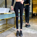 Joskaa Back to College ripped jeans for women high waist jeans skinny  korean fashion Pencil Pants jean slim femme black jeans elastic stretch