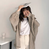 Joskaa Plaid Shirts Women Spring Retro Pocket Long-style Long Sleeve Sun Protective Loose Vintage All-match Students Korean Trendy Chic