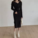 Joskaa Christmas Gift One-Piece Knitted Sweater Dress For Women 2020 New Autumn Drawstring Bodycon Dress Korean Slim Woman Knitted Dresses Lady Dress