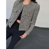 Joskaa 2024 Autumn Winter Women Tweed Jacket Vintage Button Up Long Sleeve O-Neck Pocket Designer Brand Elegant Lady Coat Tops Clothing