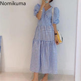 Joskaa Christmas Gift Nomikuma Korean Fashion Plaid Dress Women V Neck Short Sleeve A Line maxi Dresses Robe Casual Sweet New Chic Vestidos Mujer