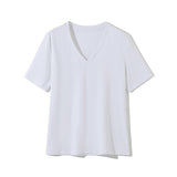 Joskaa Christmas Gift WOTWOY Summer Knitted V-Neck T-Shirt Women Cotton Basic Solid Tee Shirt Female Short Sleeve Kintwear Tops Harajuku Tshirt Ladies