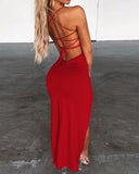 Joskaa Women Sexy Backless High Split Maxi Party Dress Solid Color Spaghetti Strap Bandage Slit Long Dress