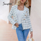 Joskaa Office za plaid pocket women blazer jacket autumn  Elegant long sleeve white suit blazer Causal female fashion top coats