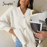 Joskaa Casual long knitted cardigan female autumn winter Loose lantern sleeve sweater cardigan Basic white button women's tops