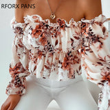 Joskaa Back to College Women Lace Off Shoulder Floral Print Frill Hem Ruched Top Blouse Womens Tops and Blouses