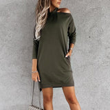 Joskaa hoco dresses Simple Office Lady Solid T-shirt Dress Spring Autumn Long Sleeve Halter Party Mini Dress Women Sexy Off Shoulder Pullover Dress