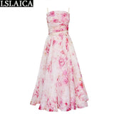 Joskaa Items Women's Evening Dress Backless A-line Big Swing Elegant Suspender Dresses Summer Boho Fashion Midi Floral Dress