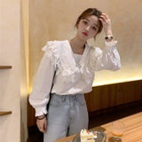 Joskaa Christmas Gift Women Blouses Long Sleeves Shirts OL Lace Solid Female Sailor Collar Elegant Fashion New Korean Style Cute All-match Streetwear