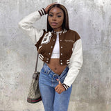 Joskaa Stitching Jacket Printed Leather Sleeves Korean Jacket Baseball Uniform Short Retro Clothes Women Y2k Hombre Top Veste Femme