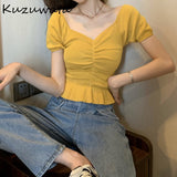 Joskaa Christmas Gift Kuzuwata Sexy Square Collar Clavicle Exposed Short Sleeve Blouse Women Draped Design Ruffles Solid Blusas Summer Shirt Feminino