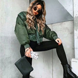 Joskaa Stylish Lady Autumn Winter Za Green Short Jackets Women Fashion Long Sleeve Zipper Bomber Jacket Outwear Women's Coat