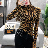 Joskaa Christmas Gift Elegante Plus Size Tops Fashion Women Long Sleeve Leopard Blouse Turtleneck Shirt Ladies OL Party Top Streetwear Blusas  7704 50