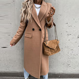 Joskaa Women Elegant Turn-Down Collar Woolen Coat Tops Casual Long Sleeve Lady Outerwear Autumn Winter Fashion Long Overcoat Streetwear