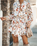 White Ruffled Mini Vintage Print Irregular Dress Autumn Clothing Lantern Sleeve Elegant Dress Lace up Slim Streetwear