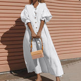 Joskaa Graduation Gift  Plus Size Dress Women Solid White Casual Half Lantern Sleeve Buttons Shirt Dresses 2024 O Neck Loose Maxi Dress Vestido Robe