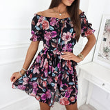 Joskaa hoco dresses Summer Boho Off Shoulder Floral Print Dress Women Casual Ruffle A Line Sundress Short Female Holiday Mini Flower Dress 2024 New