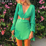 Sexy Dresses Party Night Club Dress 2021 Long Sleeve Deep V Neck Drawstring Backless Spring Autumn Fashion Sweater Green Dresses