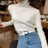 Joskaa Christmas Gift WOTWOY Casual Basic Turtleneck Sweater Women Solid Long Sleeve Knitted Pullovers Women 2020 Autumn Winter Slim Fit Sweater Pink