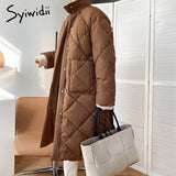 Joskaa Winter Jacket Women Argyle Plaid Long Coat with Belt Stand Collar Button Up Oversize Loose Parkas Ladies Outerwear