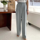 Christmas Gift Joskaa Casual Button High Waist Loose Straight Pants for Women 2024 Summer Ladies Wide Leg Trousers Female Solid Pants