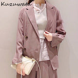 Joskaa Christmas Gift Kuzuwata Turn Down Collar Long Sleeve Double Breast Blazer Women Work Style Ol Solid Coat Feminino Spring 2024 New Jacket Femme