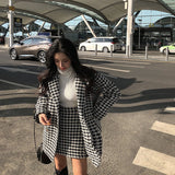 Joskaa Two 2 Piece Set Retro Houndstooth Channel Style Mid-Length Coat High Waist Skirt Winter Suits Women Basic Jackets