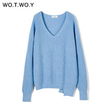 Joskaa Christmas Gift WOTWOY Autumn Winter Basic Knitted Blue White Sweater Women 2024 Fashion Casual V-neck Female Pullovers Korean lady Jumpers