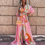 Sexy Deep V Neck Button Print Maxi Dress Women Elegant Drawstring Tie-Up Split Party Dress Spring Summer Loose Beach Long Dress