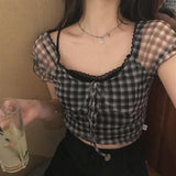 Joskaa Back to College 2024 Summer New Plaid Tshirts Women Retro Square Collar Shirt Casual Lace Tees Puff Sleeve Y2k Crop Tops Female Korean Fashion