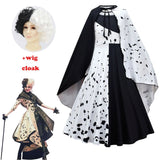 Halloween Joskaa Cruella De Vil Cosplay Costume Women Cruella Black White Polka Dot Gown Maid Dress Jacket Cruella Halloween Party Dress Set